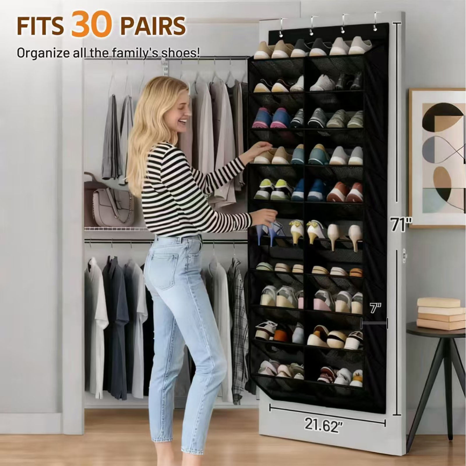 Meikd 30-Pair 10-Tier No-Drill Door-Hanging Shoe Storage Box, Durable Breathable Mesh Rack, Suitable for the Whole Family's Sneakers, Boots, Heels, and Dress Shoes