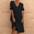 thumbnail image 2 of Wlylongift Cotton Linen Below the Knee Dress Fashion Women Summer V-neck Doll Dress Solid Color Short Sleeved Black Dress, 2 of 6