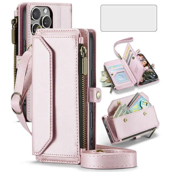 Asuwish Compatible with iPhone 16 Pro 6.3 inch Zipper Wallet Phone Case Tempered Glass Screen Protector Crossbody Lanyard Strap Flip Card Holder Slot Cell Cover for i Phone16 16 16Pro Women Rose Gold