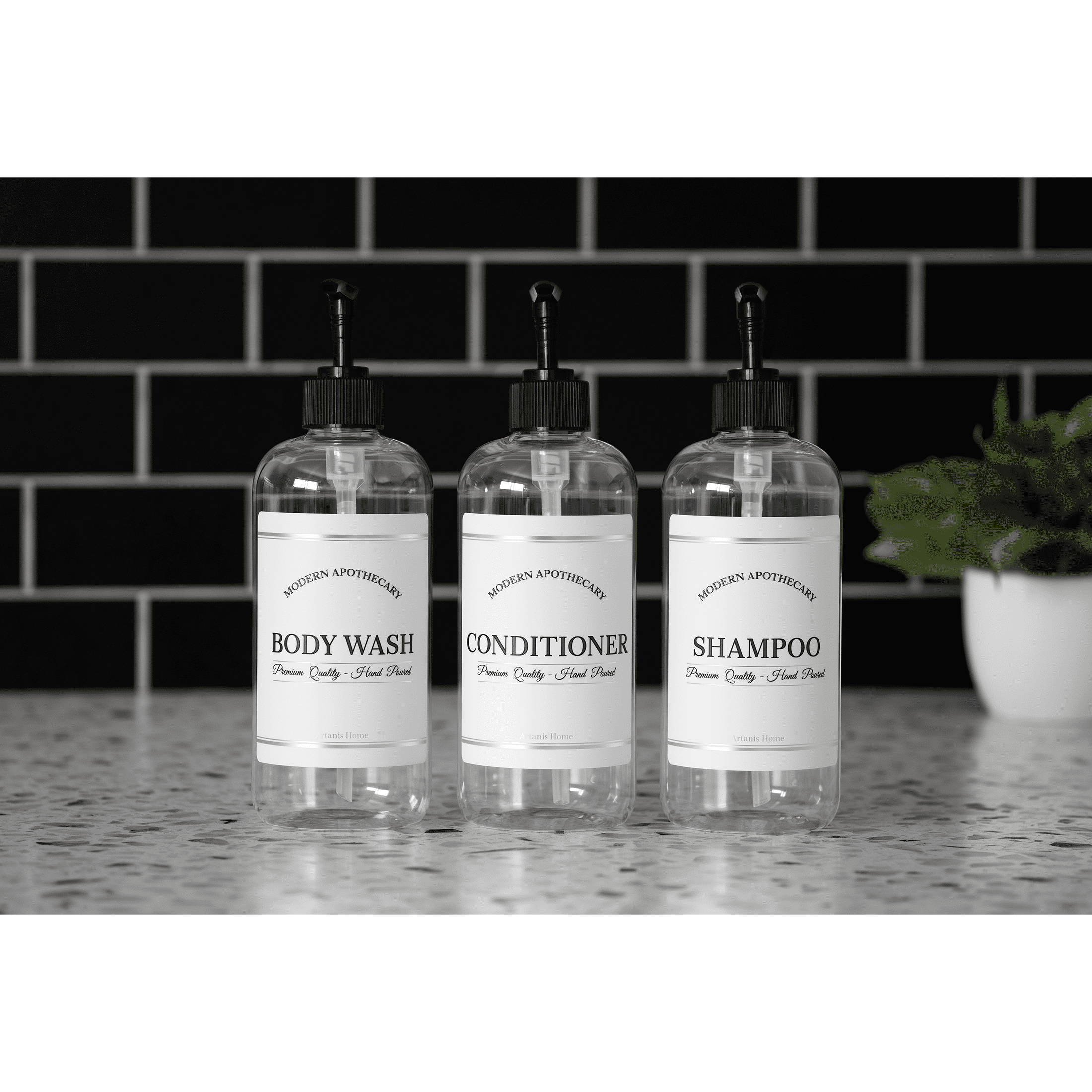 Artanis Home Clear Refillable Body Wash, Shampoo and Conditioner Bottles - PET Plastic Shampoo Bottles with Black Plastic Pumps and "Modern Apothecary" Labels- 16 oz, 3 Pack