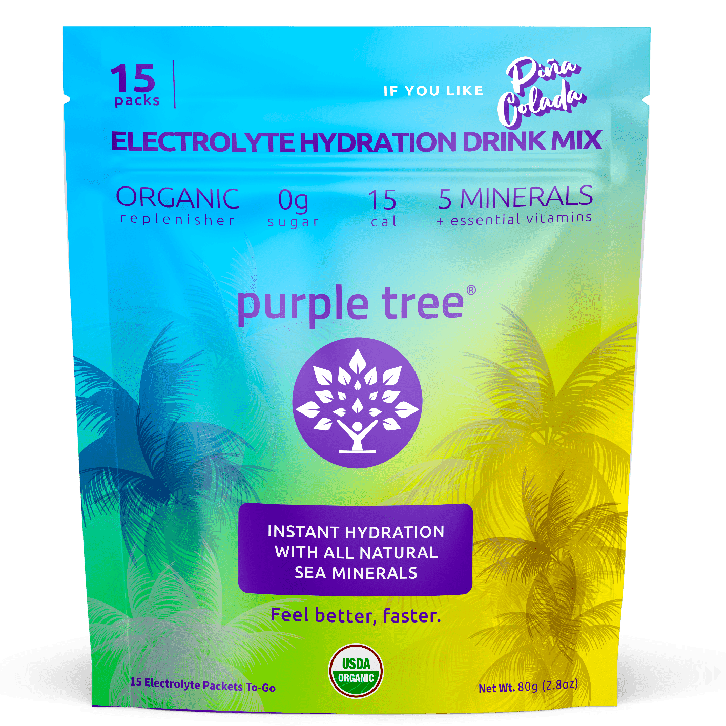 Purple Tree Organic Electrolyte Hydration Packets, Pina Colada - 5-Pack Hydrating Liquid Sticks