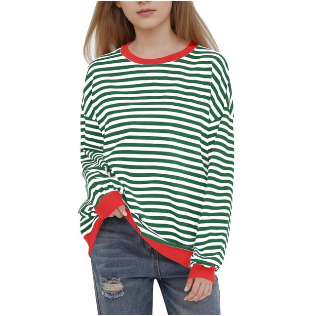 Sudadera sin capucha para niños y niñas, con estampado de rayas, hombros descubiertos, cuello redondo, manga larga, para uso diario, sudadera con capucha para niña, parte superior de poliéster
