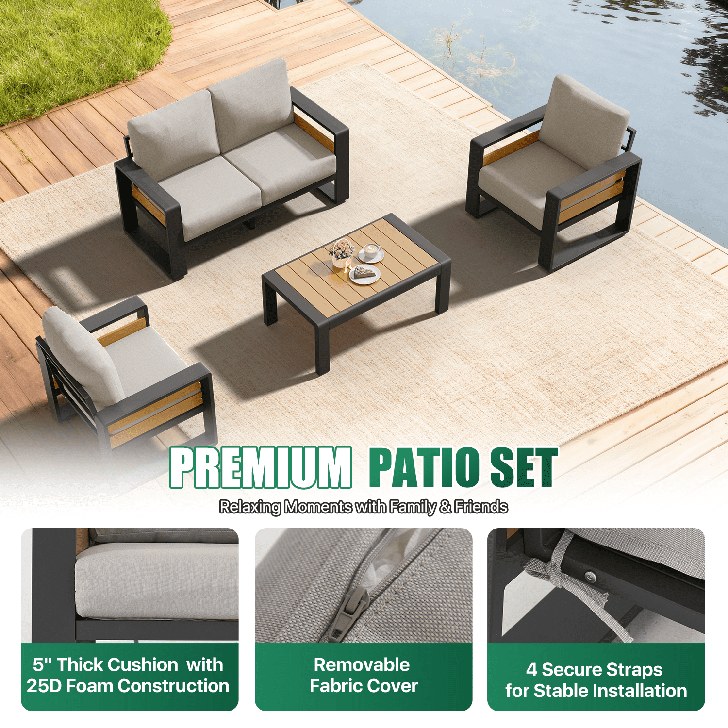 Clouddwell 4-Seats Aluminum Patio Furniture Set, Outdoor Metal Sofa Conversation Set with Coffee Table for Pool Garden Porch Backyard, Light Gray