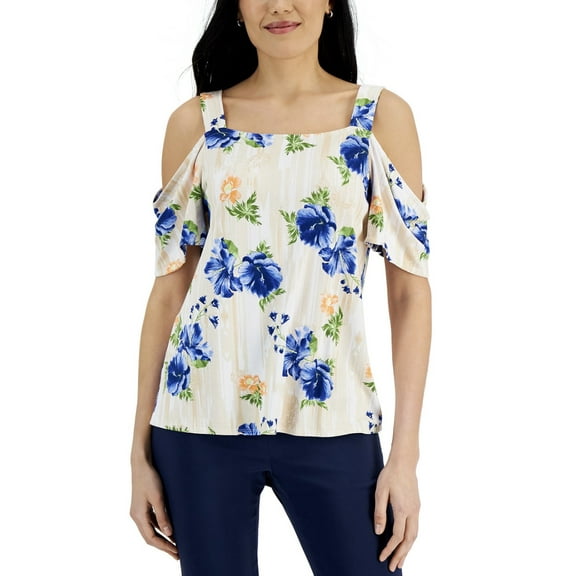 JM Collection Womens Printed Cold-Shoulder Top Deep Cobalt Combo S