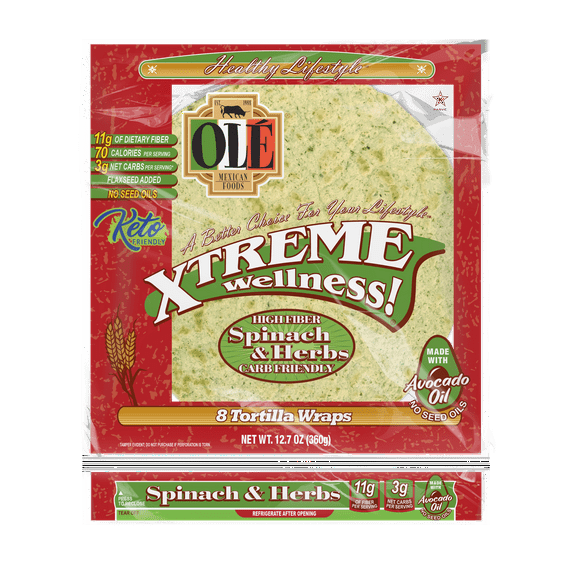 Ole Mexican Foods Xtreme Wellness High Fiber Spinach & Herbs Soft Taco Tortilla Wraps, 12.7 oz, 8 Count