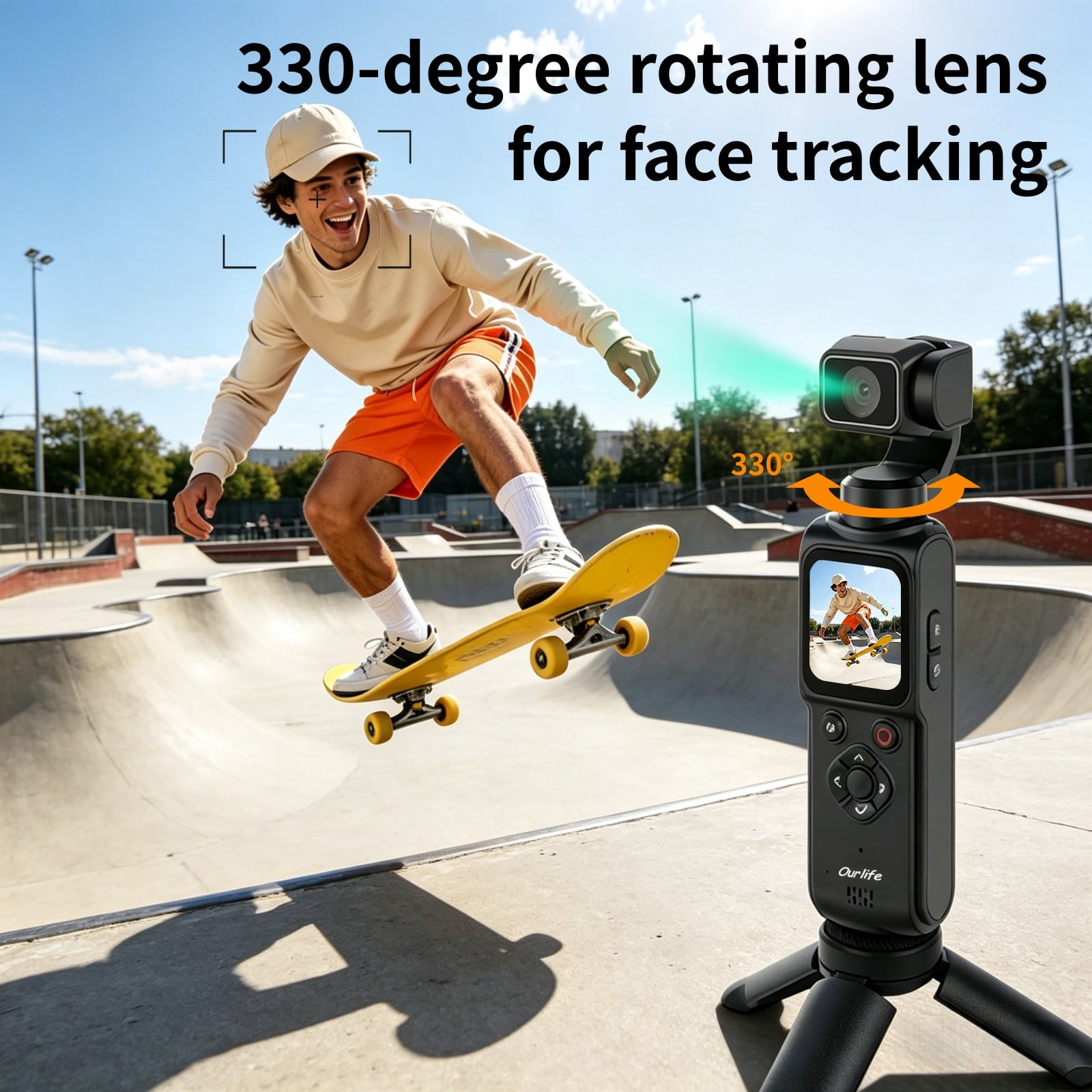 Ourlife Handheld Gimbal WIFI Camera 4K - 64MP Autofocus, 18x Zoom, Touchscreen, Face Tracking, Action Cam Travel Pocket Vlogging Camera with 64GB Card, Gunmetal