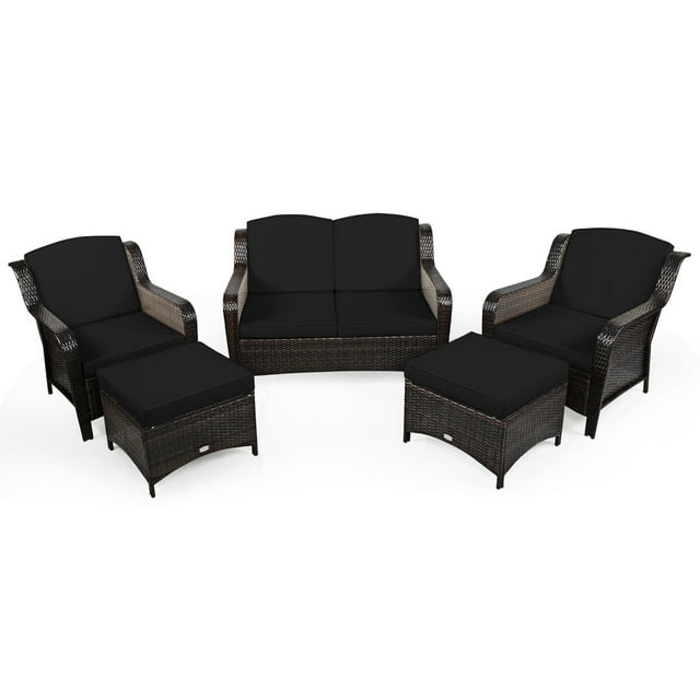 Gymax 5PCS Rotin Patio Conversation Canapé Meubles Ensemble Extérieur W / Coussins Noirs