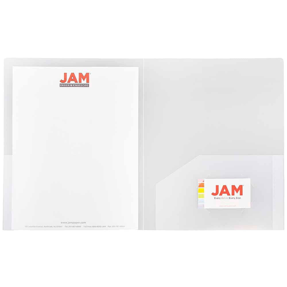 JAM Paper Heavy Duty Plastic 2 Pocket Extra Tough School Folders, Clear, Bulk 48/Pack