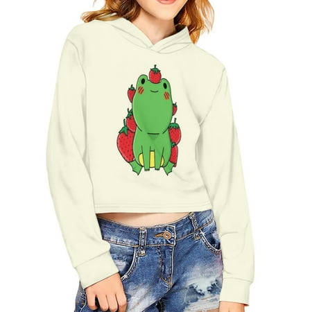 

Renewold Age 11-12 Teen Girls Cropped Hoodie Casual Workout Crop Sweatshirt Strawberries Frog Print Hoodied Tops Long Sleeve Pullover Sweatshirts Softness Comfortable Short Blouse