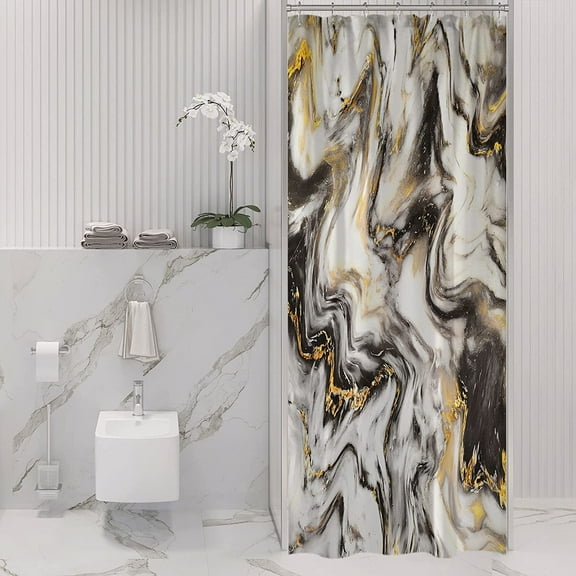 Small Stall Shower Curtain 36 x 72, Half Narrow Abstract Black Gold Marble Shower Curtain, Modern Luxury Art Waterproof Fabric Shower Curtain for Bathroom Decor