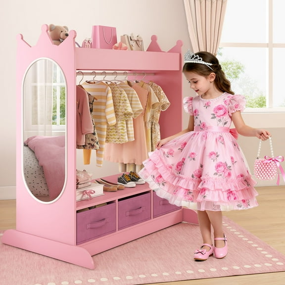 Pink Kids Dress Up Armoire Pretend Storage Closet Wardrobe with Mirror,Drawers,Shelf Bedroom Girls Gifts