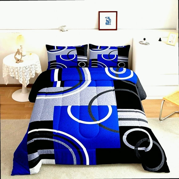 Royal Swirls Abstract Comforter Set - Geometric Graphic Art Quilt - Blue Black Grey Queen Size - All Season Bedroom Decor