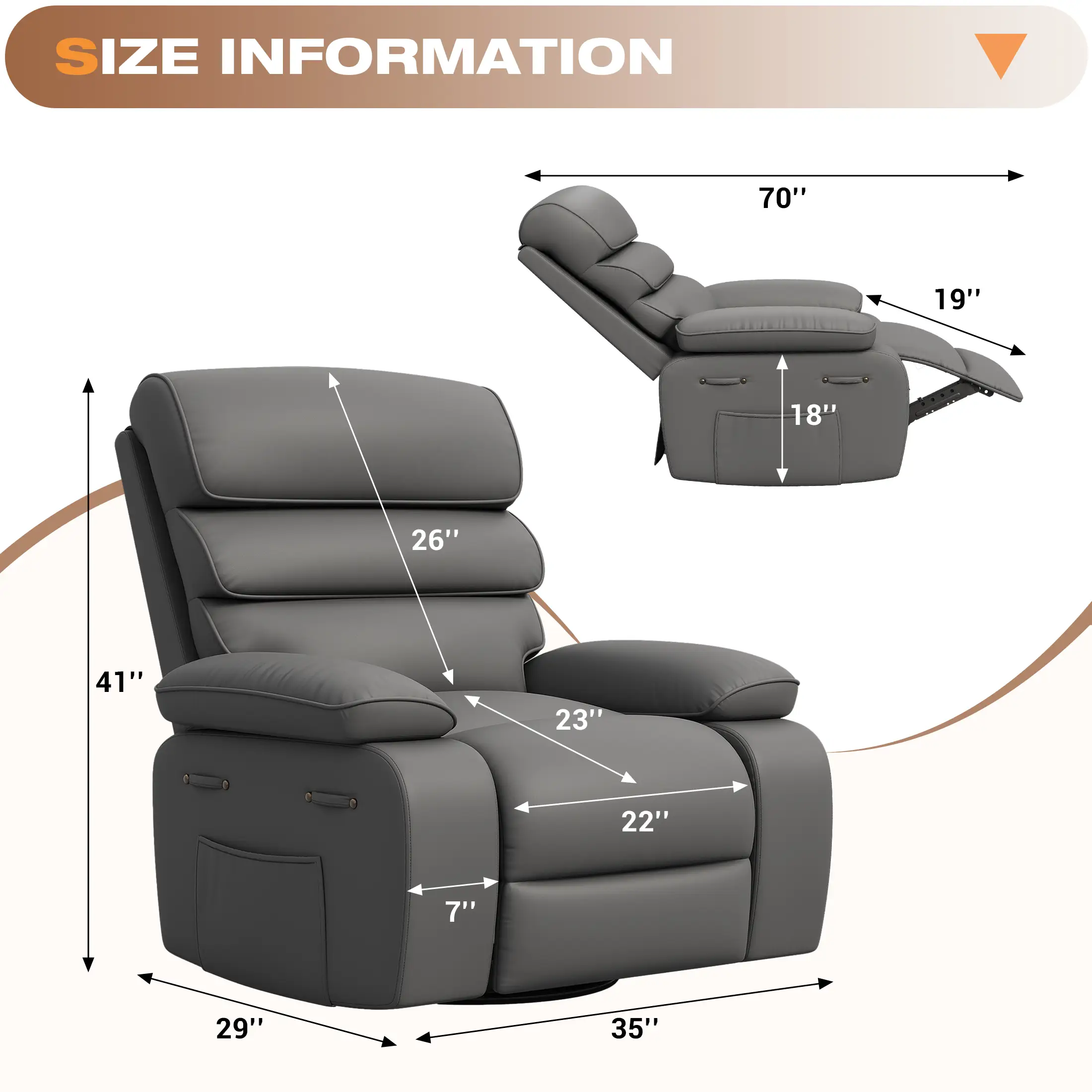 Techmilly Oversized Swivel Rocker  Recliner Chair with Heat and Massage, Adjustable Recline for Living Room,PU Leather (Dark Grey 35" Seat Width)