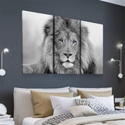 3 Panel Canvas Wall Art Blue Eyes Wild Animals Lion Black White Lion King Wall Paintings Canvas Poster for Wall Decor for Men Living Room Bedroom with Wooden Frame Ready to Hang 16*24inch*3pcs