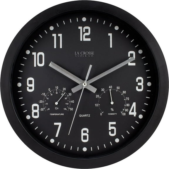 La Crosse Clock 12 inch Black Quartz Analog Clock with Temp & Humidity, 404-2631