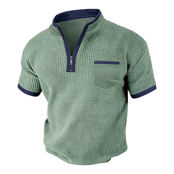 Kalauyu Men's Short Sleeve Waffle Shirts Quarter-Zip Casual Mock Neck Basic Designed Cotton Shirts Summer Tops