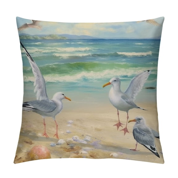 PRATYUS Summer Beach Animal Throw Pillow Covers Ocean Sea Gull Starfish Seashell Crab Conch Coastal Theme Pillow Cases Blue Green Square Outdoor Cushion Cases Home Sofa Couch 12x12in