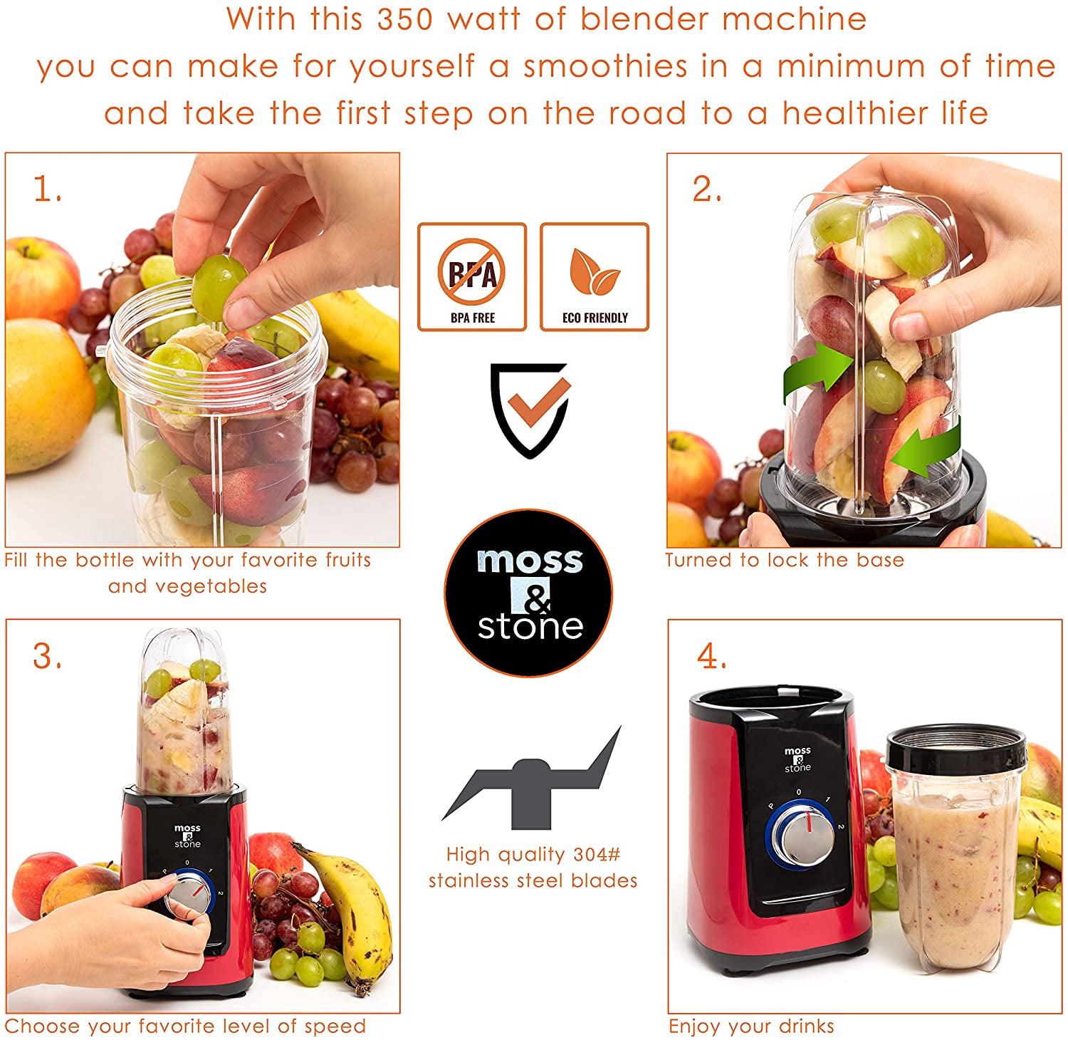 Moss & Stone 2 in 1 Personal Blender with Additional Blender Cup, Mini Blender, Juice Blender & Smoothie Maker (Cherry Red)
