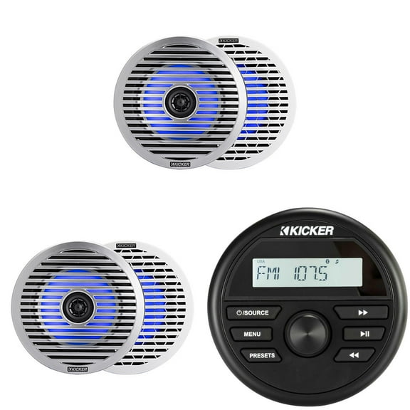 Kicker KMC2 Gauge Mount Marine Grade Receiver & ( 2 Pair ) 51KM614FL 6.5" Thin-Mount LED Speakers bundle