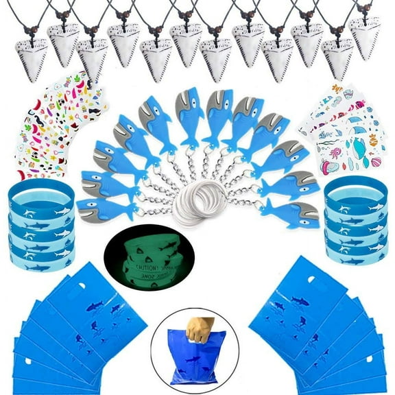 foci cozi-66Pcs/Set Shark Party Favor Supplies Pack -Shark Tooth Necklace Tattoo Sticker Shark Gift Bag Shark Bracelet Pin Back Button