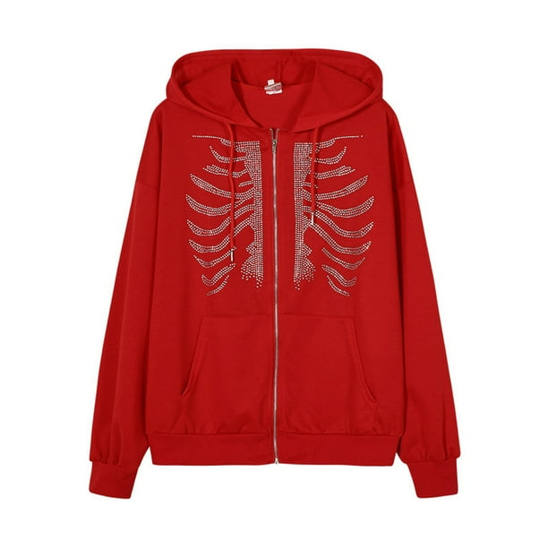 Qarigey Sudadera con capucha y cremallera para mujer, jersey de manga larga cálido de otoño, suéter informal con fecha lisa, sudadera Prendas para la parte del cuerpo Rojo S