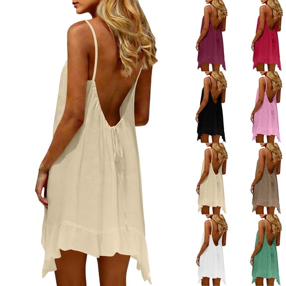 Royisotas Womens Solid Dress Cotton linen Ruffle Open back Spaghetti strap Summer Casual Juniors Soft Maxi Dress