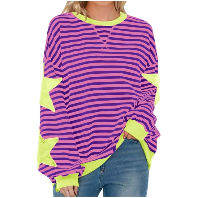 Swstbby Liquidation d'Économies d'Automne! Hauts d'Automne pour Femmes Grande Taille, Blouse Mode pour Femme à Col Rond à Rayures Imprimées Ample à Manches Longues Blouses Chandails Jaune m