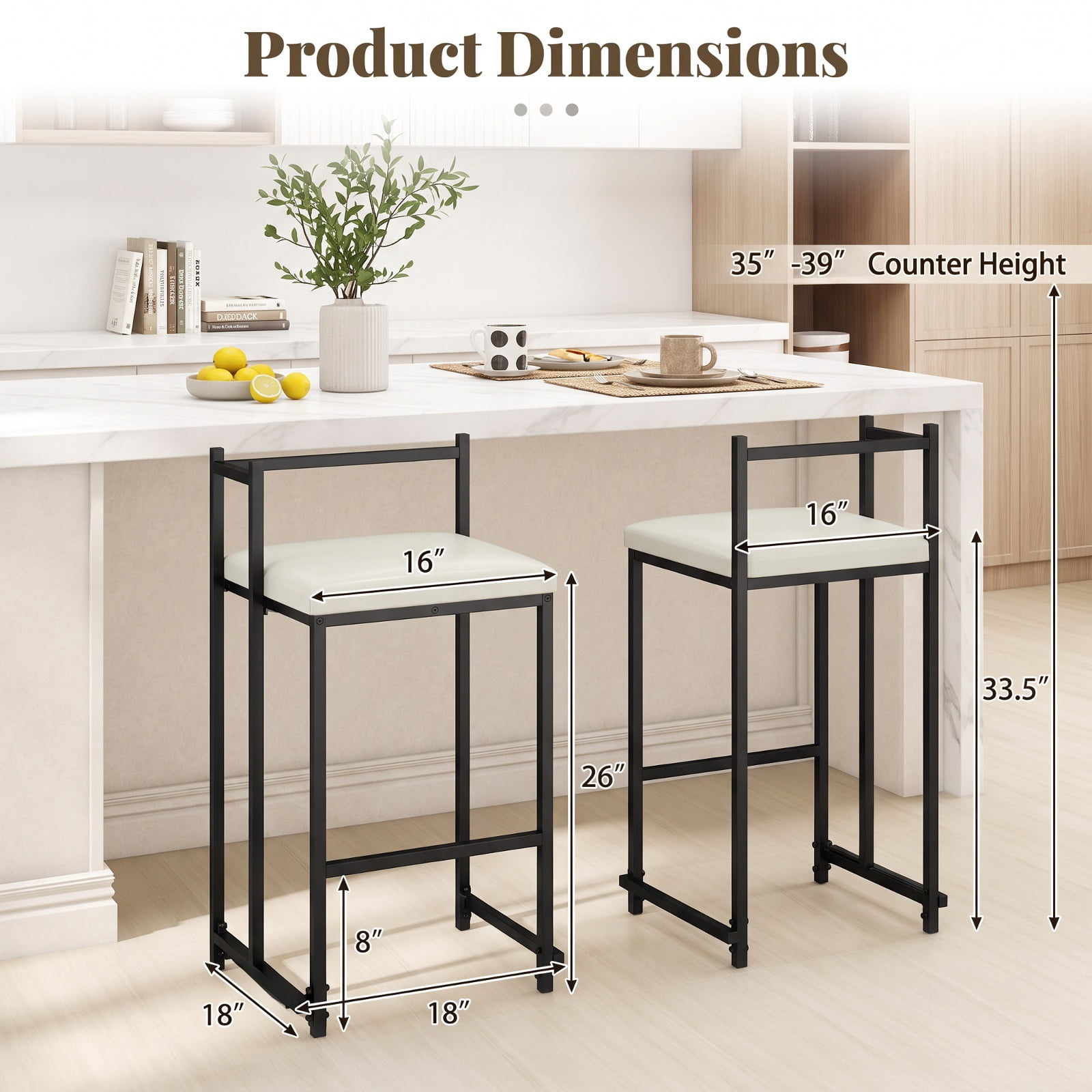 Furnibear Set of 2 Stackable Counter Height Bar Stools PU Leather Upholstered with Footrest for Kitchen Island Counter Bar Pub Dining Home, Black