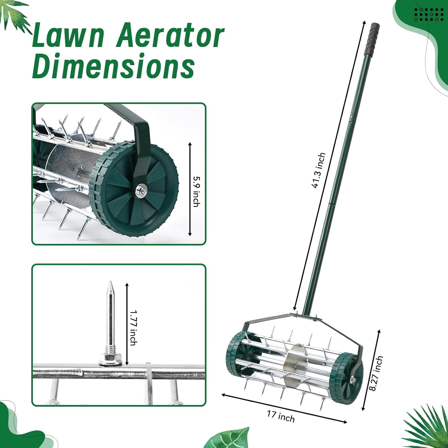 Long nail rolling lawn aerator. Heavy duty manual push aerator lawn tool, garden and yard soil health tool Different colors to choose from