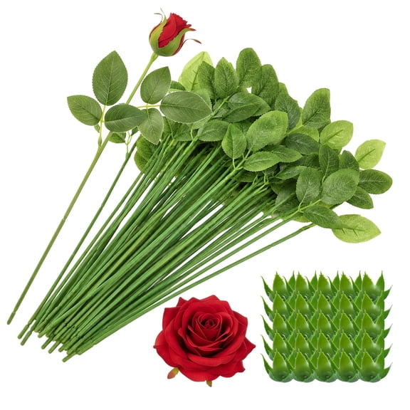 25 Sets Rose Stems with Leaves and Calyxes, Fake Flower Stem Faux Green Leaves Stems, Floral Arrangement Supplies, DIY Artificial Flowers Tools for Bouquet Wedding Party