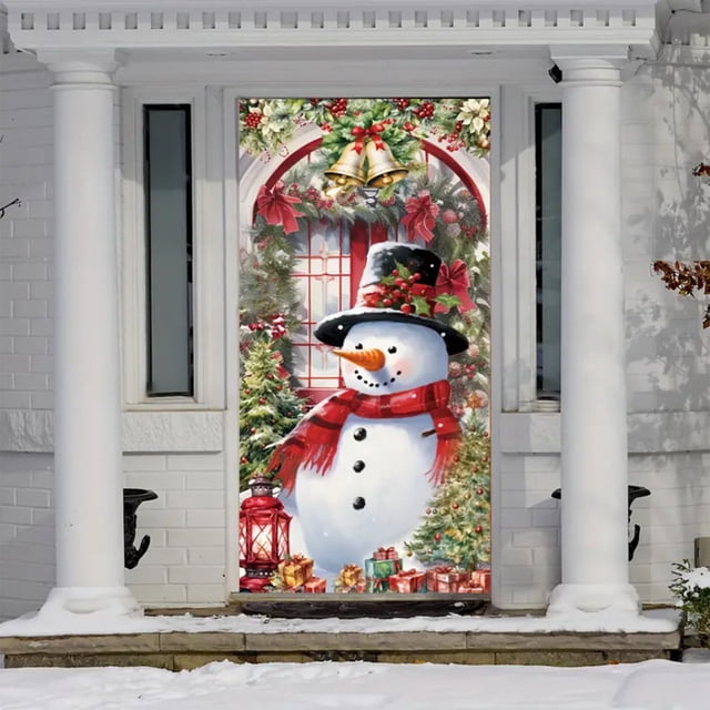 Decoración navideña para puerta con fondo de muñeco de nieve, ideal para fiestas navideñas, noticias, invierno, 70 x 35 pulgadas