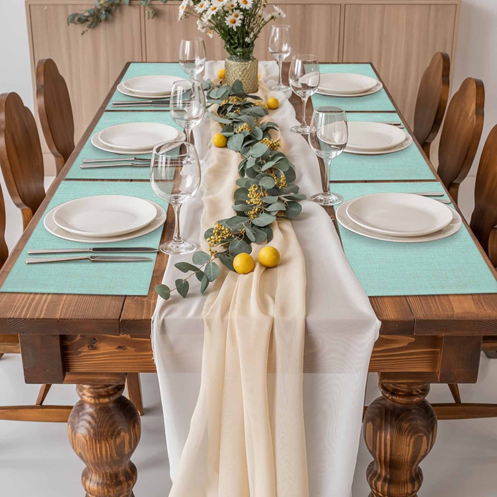 Linen Mint Green Placemats Set of 4, Modern Minimalist Pure Solid Color Placemats for Dining Table, Place Mats for Kitchen Tabletop, Waterproof Wipeable Dining Table Mats Set