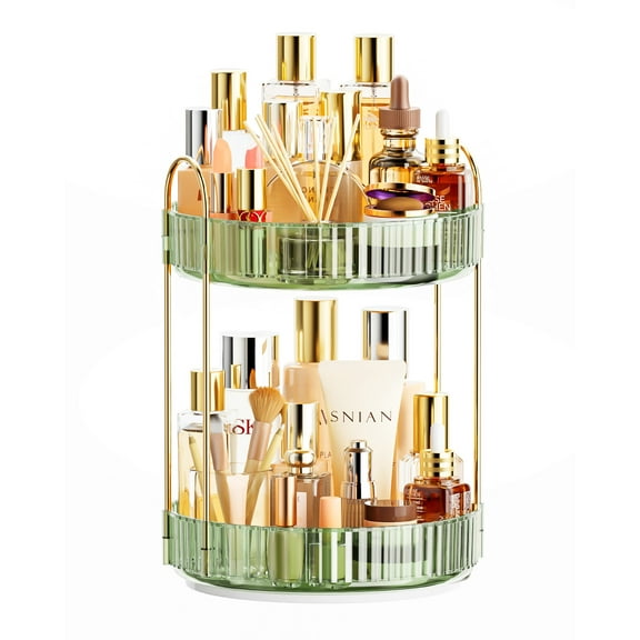 360° Rotating Makeup Organizer for Vanity, Bathroom Organizer Countertop, Clear Under Sink Organizers, Vanity Tray Shelf for Cosmetic, Skin Care, Perfume (Green, 2 Tier)