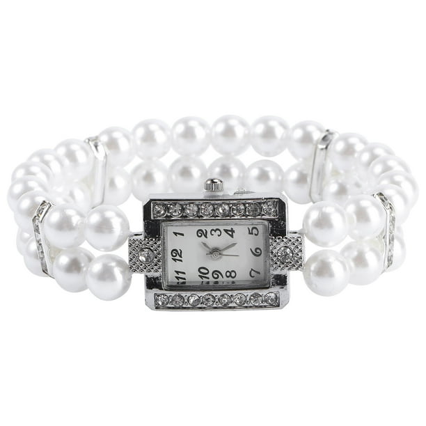 Reloj de pulsera para mujer con dos hileras de perlas y diamantes de imitación (blanco)
