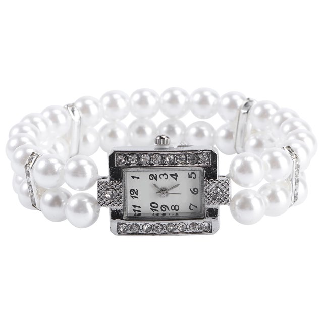Reloj de pulsera para mujer con dos hileras de perlas y diamantes de imitación (blanco)