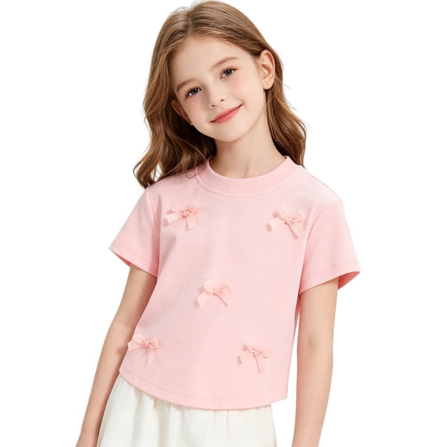 KyCheLot T-Shirts à Col Rond pour Filles T-Shirts d'Été de Couleur Unie à Manches Courtes T-Shirts Confortables Mignons avec Nœud