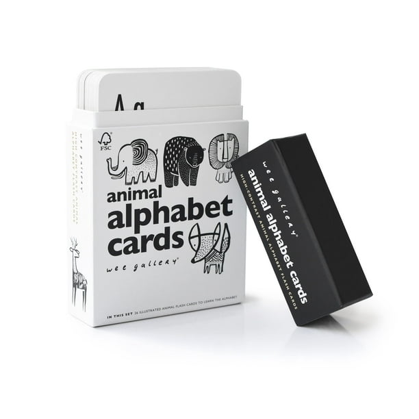 Wee Gallery Tarjetas didácticas educativas para bebés Tarjetas de aprendizaje del alfabeto animal en blanco y negro Doble cara Ideal para estimulación visual Desarrollo cognitivo en bebés y niños pequ