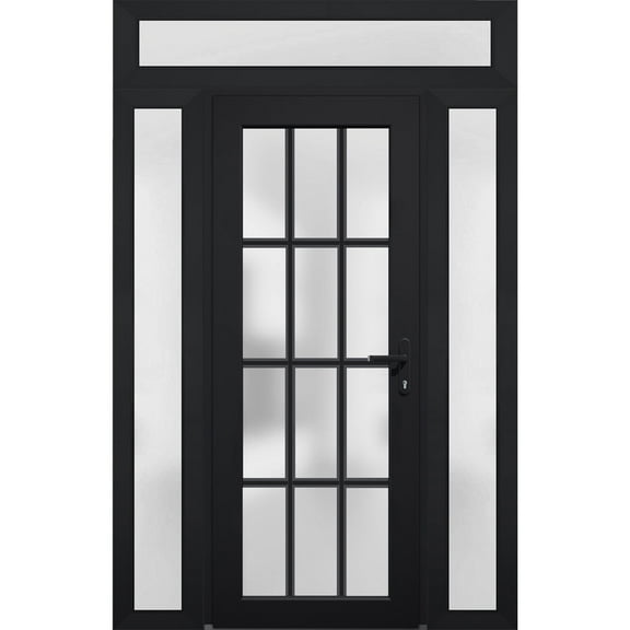 Front Exterior Prehung Metal-Plastic Door Frosted Glass / Manux 8312 Matte Black / 2 Side and Top Window / Office Commercial and Residential Doors Entrance Patio Garage 60" x 94" Left-hand Inswing
