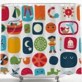 thumbnail image 1 of Whimsical Colorful Geometric Shapes Shower Curtain with Fun Cartoon Characters, 1 of 4