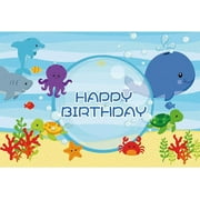 Happy Birthday Backdrop Cartoon Whale Shark Turtle Photography Background Submarine Landscape Marine Life Background for Birthday Party Decoration