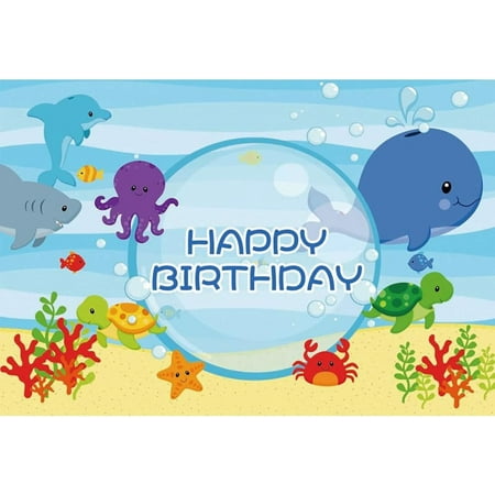 Happy Birthday Backdrop Cartoon Whale Shark Turtle Photography Background Submarine Landscape Marine Life Background for Birthday Party Decoration