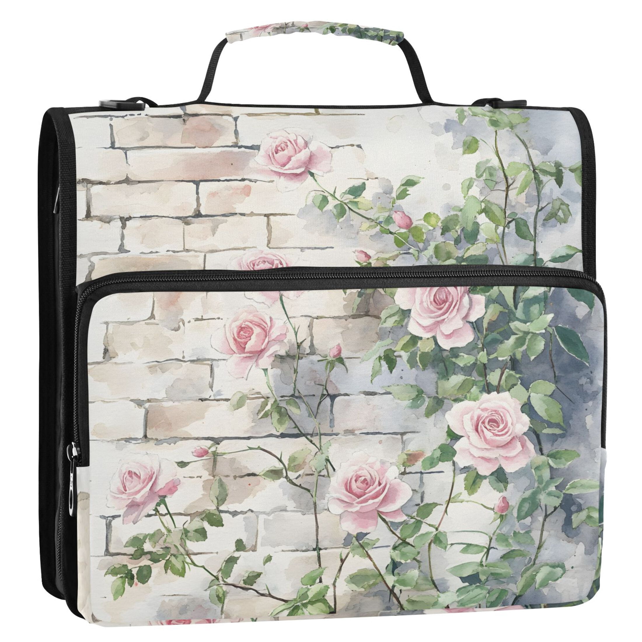 3 Ring Zipper Binder with Shoulder Strap Waterproof Trapper Keeper 2 Inch D-Ring 500 Sheets Capacity Pink Roses Climbing on Wall