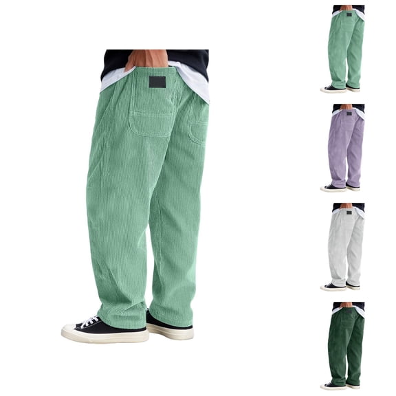 Corduroy Pants for Men Fall Winter Elastic Waist Drawstring Loose Casual Baggy Pants with Pockets Trousers