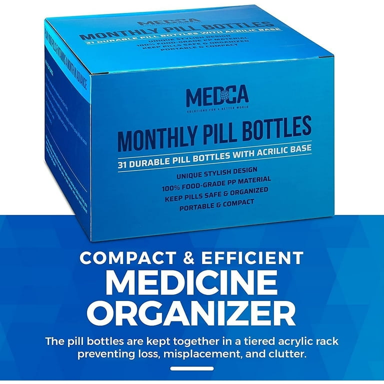 MEDca Monthly Pill Bottle Organizer 31 Numbered Full-Size Pill Bottles  Child-Proof Lids - Acrylic 