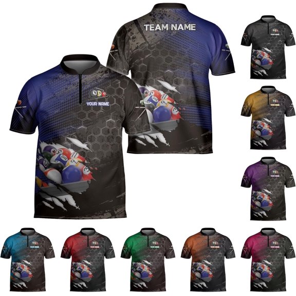 Custom Billiard Jersey Shirts Men 3D Personalized Team Billiards Bowling Jersey 8 Ball Pool Colorful Quarter Zip Shirt Gifts (Blue, S)