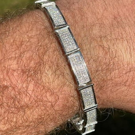 Men’s 14K White Gold Plated Moissanite Hip Hop Bracelet – 8mm Round Cut Lab-Created Moissanite – Solid 925 Sterling Silver – Statement Jewelry