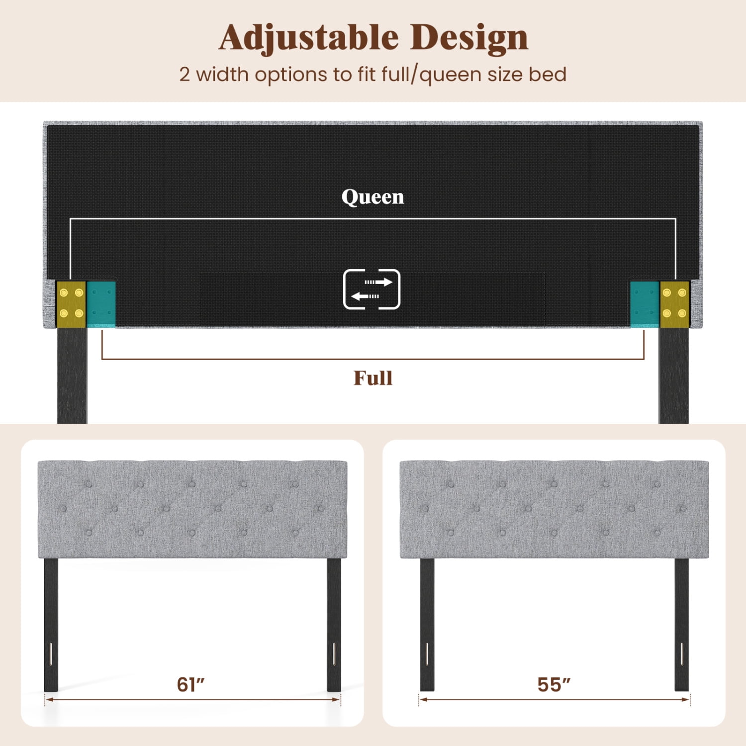 Furnibear Upholstered Tufted Headboard for Full and Queen Beds, Linen Bed Frame Headboard with Adjustable Legs, Fits Queen Bed Frame, Gray