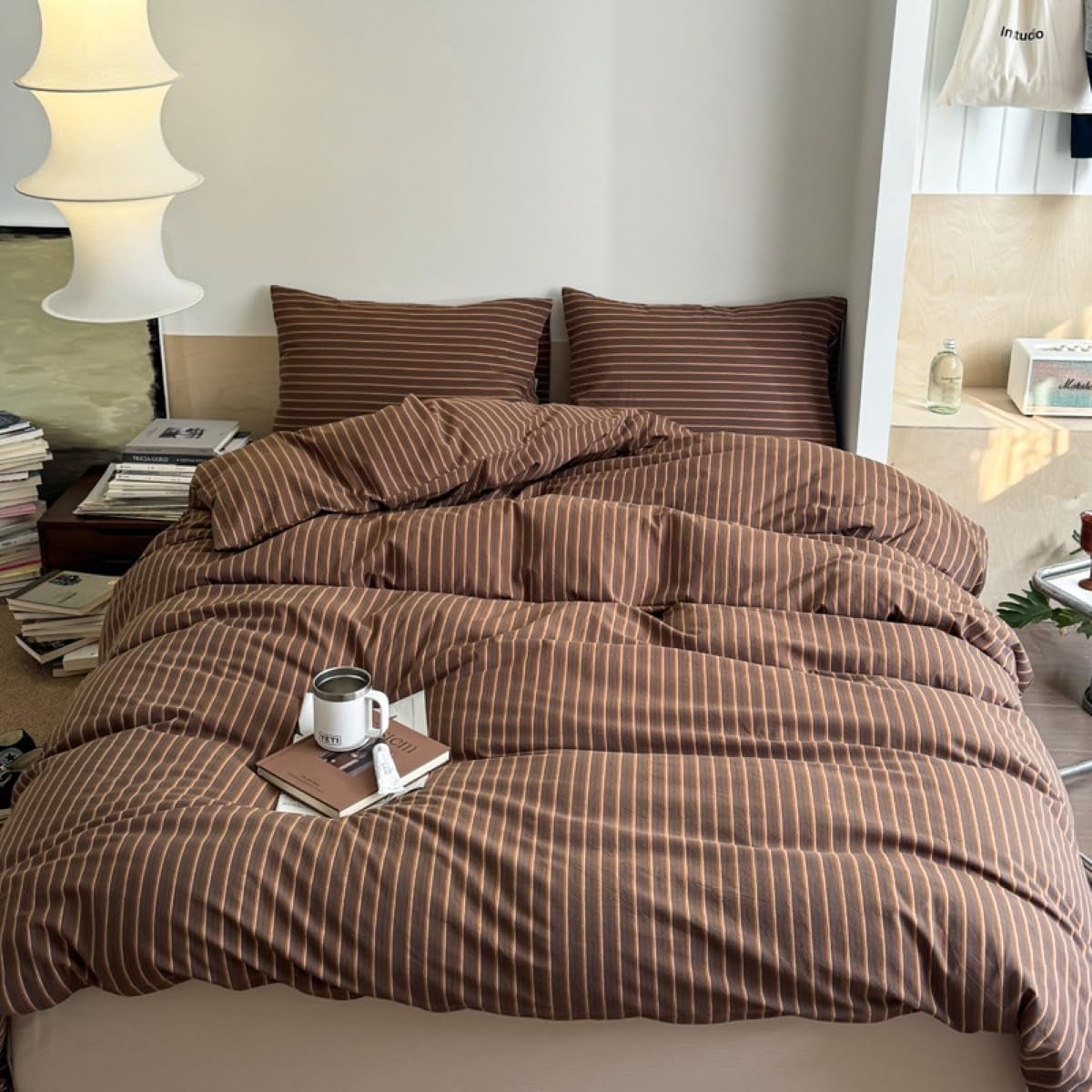 JOLUSERE Brown Striped Duvet Cover Queen Set,3-Piece Stripes Pattern Breathable Microfibre Comforter Cover
