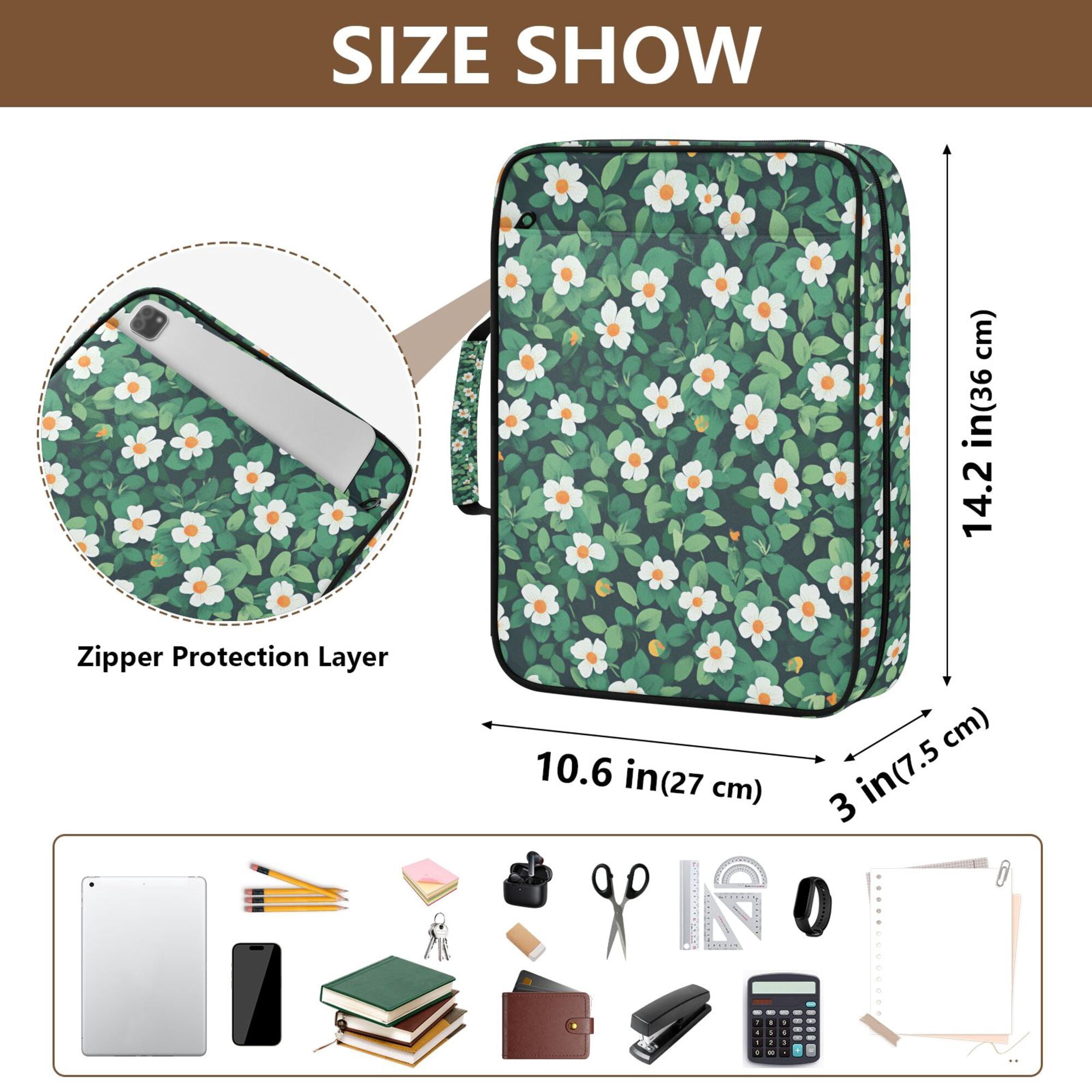 FORMRS Accordion File Folder A4 Size 7-Pocket Expanding Document Organizer Bag with 3 Ring Binder, Small White Flowers