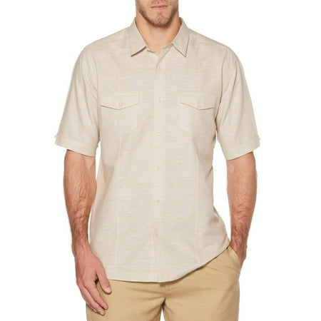 Big Men's Short Sleeve Linen Cotton Single Tuck Woven Shirt with Upper Pockets